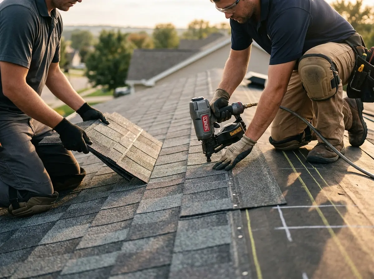 Professional roofer working on a residential roof in Madisonville
